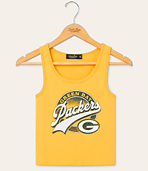 A yellow Green Bay Packers tank top hangs on a wooden hanger against a plain, light-colored background. carousel Product Image 1
