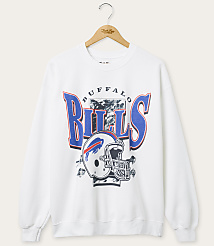 A white Buffalo Bills sweatshirt with a graphic of a helmet and team name hangs on a wooden hanger against a plain background. carousel Product Image 1