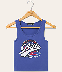 A blue tank top with the Buffalo Bills logo is displayed on a wooden hanger against a plain, light-colored background. carousel Product Image 1