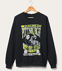 A black Pittsburgh Steelers sweatshirt with a graphic of a helmet and team name hangs on a wooden hanger against a plain white background. carousel Product Image 1