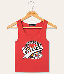A red Kansas City Chiefs tank top hangs on a wooden hanger against a plain white background. carousel Product Image 1