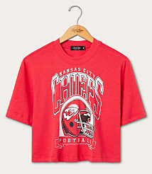 A red Kansas City Chiefs football t-shirt hangs on a wooden hanger against a plain white background. carousel Product Image 1