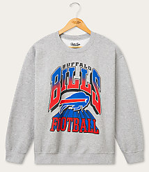 A gray Buffalo Bills football sweatshirt hangs on a wooden hanger against a plain white background. carousel Product Image 1