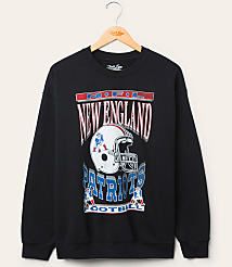 A black New England Patriots sweatshirt with a graphic of a helmet and team name hangs on a wooden hanger against a plain, light-colored background. carousel Product Image 1