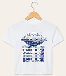 A white t-shirt with a Buffalo Bills logo and repeated "BILLS" text is displayed on a wooden hanger against a plain white background. carousel Product Image 1