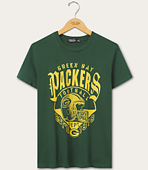 A green t-shirt with a yellow Green Bay Packers logo is displayed on a wooden hanger against a plain, light-colored background. carousel Product Image 1