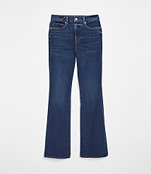 A pair of dark wash flared jeans lies flat against a plain white background. carousel Product Image 3