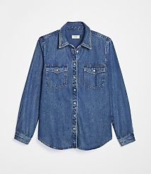 A blue denim shirt with two chest pockets lies flat against a plain white background. carousel Product Image 4