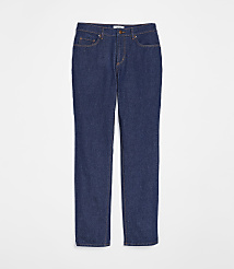 A pair of dark wash denim jeans lies flat against a plain white background. carousel Product Image 3