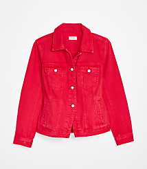 A bright red denim jacket with white buttons is displayed against a plain white background. carousel Product Image 5