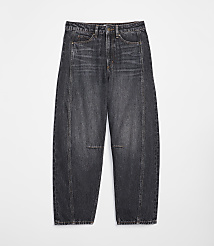 A pair of dark wash, wide-leg jeans with a distressed knee sits on a plain white background. carousel Product Image 4