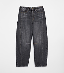 Dark wash, baggy jeans with a distressed knee are laid flat against a plain white background. carousel Product Image 3