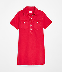 A bright red denim shirtdress with white buttons is displayed against a plain white background. carousel Product Image 4