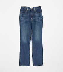 A pair of dark wash, high-waisted straight-leg jeans are laid flat against a plain white background. carousel Product Image 3