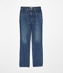 A pair of dark wash, straight-leg jeans are laid flat against a plain white background. carousel Product Image 4