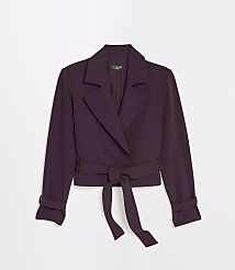 A plum-colored cropped blazer with a tie waist is presented against a plain white background. carousel Product Image 5