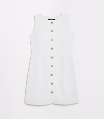 A sleeveless white dress with gold buttons down the front is laid flat against a plain white background. carousel Product Image 5