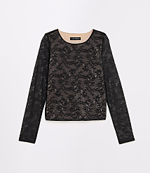 A black lace long-sleeved shirt with a tan lining is displayed against a plain white background. carousel Product Image 3