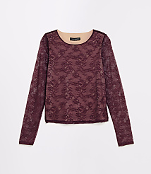 A burgundy lace long-sleeved shirt with a tan lining is displayed against a plain white background. carousel Product Image 5