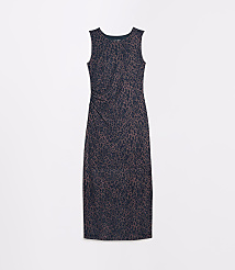 A sleeveless, dark blue dress with a brown leopard print and ruching on the side is laid flat against a plain white background. carousel Product Image 5