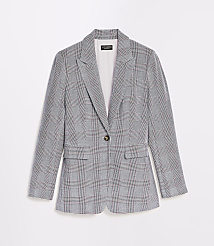 A gray plaid blazer with a single button closure is displayed against a plain white background. carousel Product Image 5