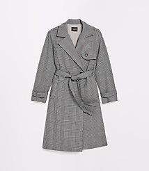 A grey plaid trench coat with a belted waist is displayed against a plain white background. carousel Product Image 5