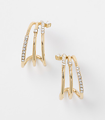 Gold-toned, multi-banded earrings with clear rhinestones are displayed against a plain white background. carousel Product Image 1