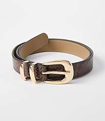 A brown snakeskin belt with a gold buckle lies on a white background. carousel Product Image 1