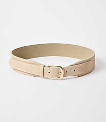 A light tan suede belt with a gold buckle lies on a plain white background. carousel Product Image 1