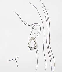 A silver, abstract-shaped earring dangles from a sketched ear, set against a simple white background with faint lines suggesting hair. carousel Product Image 2