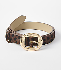 A leopard-print belt with a gold buckle rests on a plain white background. carousel Product Image 1