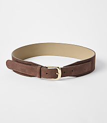 A brown suede belt with a gold buckle lies on a plain white background. carousel Product Image 1