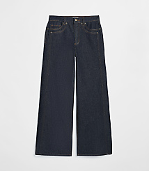 Dark wash wide-leg jeans with yellow stitching are displayed against a plain white background. carousel Product Image 4