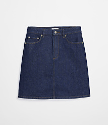 A dark wash denim mini skirt with front pockets is displayed against a plain white background. carousel Product Image 4