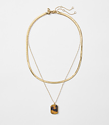A layered gold necklace with a tortoise shell pendant hangs against a plain white background. carousel Product Image 1