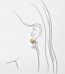 A gold hoop earring with a pearl drop hangs from a stylized ear against a plain white background. carousel Product Image 2