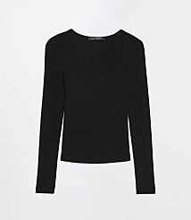 A black, long-sleeved, ribbed square-neck top is laid flat against a plain white background. carousel Product Image 5