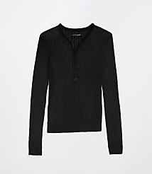 A black, ribbed, long-sleeved henley shirt with a white background. carousel Product Image 5