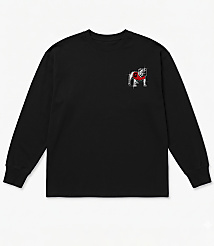 A black long-sleeved t-shirt with a bulldog graphic on the left chest is laid flat against a white background. carousel Product Image 3