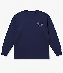 A navy blue long-sleeved t-shirt with a white Penn State logo on the left chest is laid flat against a white background. carousel Product Image 3