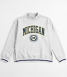 A light gray sweatshirt with "MICHIGAN" emblazoned across the chest in navy blue lettering and a white background. carousel Product Image 3