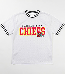 A white mesh t-shirt with "Kansas City Chiefs" emblazoned across the chest and a football helmet graphic is displayed against a plain white background. carousel Product Image 3