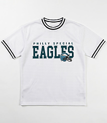 A white mesh t-shirt with "PHILLY SPECIAL EAGLES" and a football helmet graphic is displayed against a plain white background. carousel Product Image 3