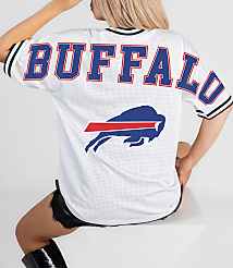 A person in a white Buffalo Bills jersey sits in front of a white background. carousel Product Image 2