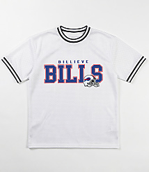 A white mesh t-shirt with "BILLIEVE BILLS" and a Buffalo Bills helmet logo is displayed against a plain white background. carousel Product Image 3