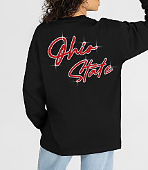 A person wearing a black long-sleeved shirt with "Ohio State" in sparkly red lettering on the back is shown against a plain background. carousel Product Image 2