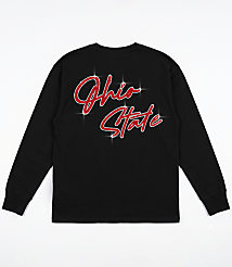 A black long-sleeved t-shirt with "Ohio State" written in sparkly red script is displayed against a plain white background. carousel Product Image 4