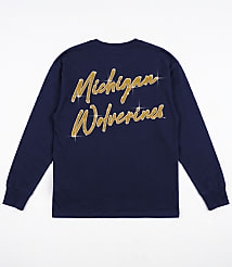 A navy blue long-sleeved shirt with "Michigan Wolverines" written in gold glitter is laid flat against a white background. carousel Product Image 4