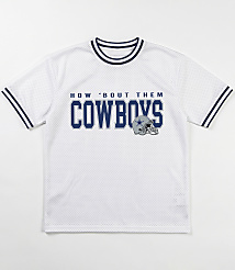 A white mesh t-shirt with navy blue trim and "HOW 'BOUT THEM COWBOYS" text with a Dallas Cowboys helmet logo is displayed against a plain white background. carousel Product Image 3