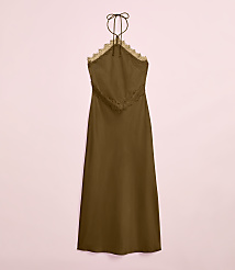 A brown slip dress with lace trim and a halter neck hangs against a soft pink background. carousel Product Image 2